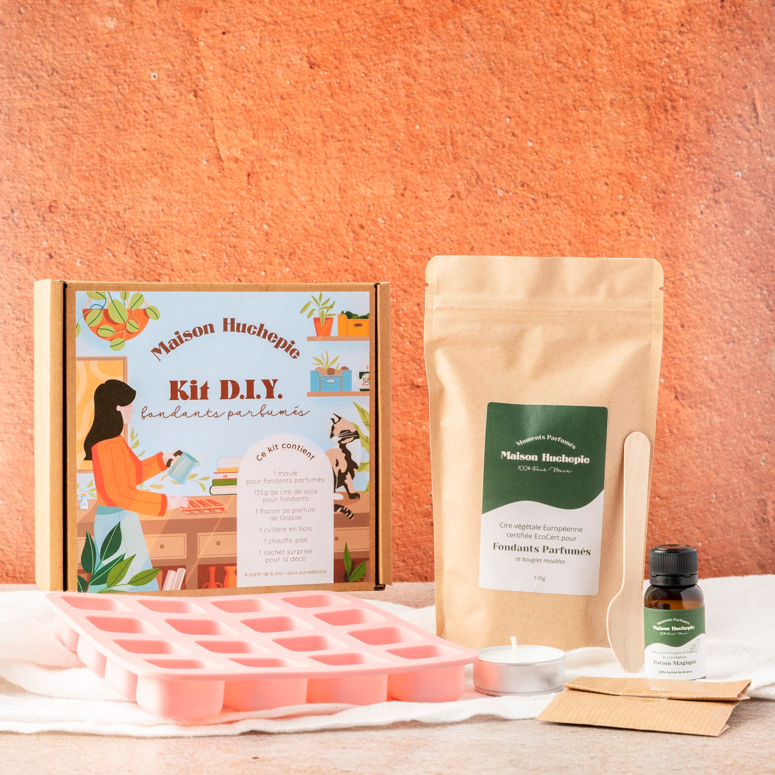 Contenu du kit DIY fondants parfumés Maison Huchepie - cire, sachet et accessoires